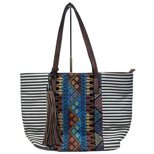 MMS Black & White Stripe Aztec Style‎ Multicolor Embroidery Design Tote Bag